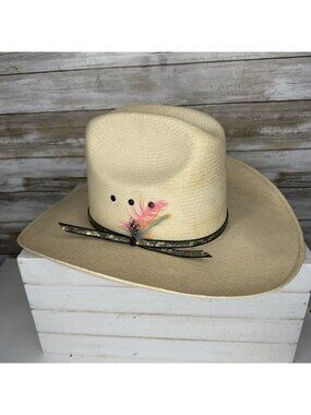 Vintage Sheplers By Resistol Western Cattleman Cowboy Hat Natural 7 1/8 Feather
